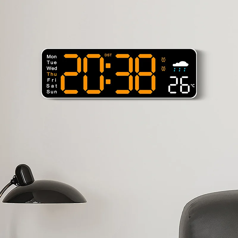 Digital Wall Clock Wall Clock Digital Display Clock Large Screen Digital Wall Clock Temperature Humidity Date Week Display Weather Clock Dual-Alarms USB Electronic LED Alarm Clocks