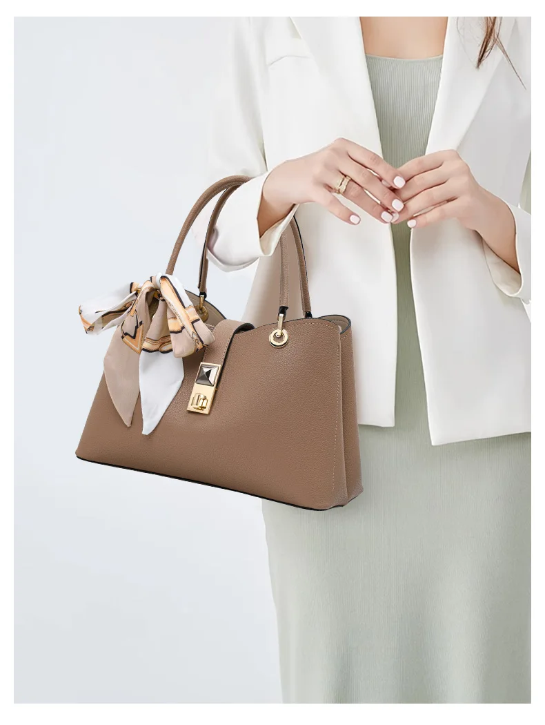 Neue Seidenschal-Dekorierte Kuhleder-Tragetasche für Damen mit Metallverschluss, Tragbare Henkeltasche, Crossbody-Tasche, Alltagstasche, Schultertasche – Detail 2