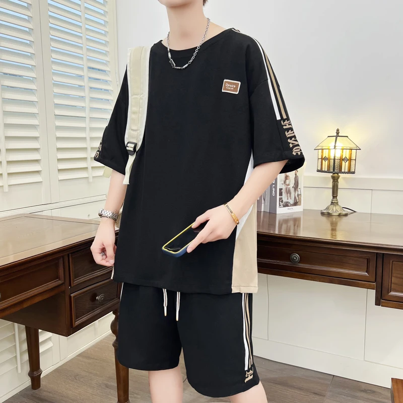 Summer Two Piece Men's Sets Short Sleeve T-Shirts And Shorts Youth Loose Tracksuit Casual Sport Outwear Top Tee&Knee-Length Pant