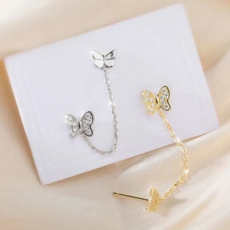 Silver Color Butterfly Zircon Double Ear Hole Stud Earrings for Women Fashion Statement Ear Party Jewelry Gifts