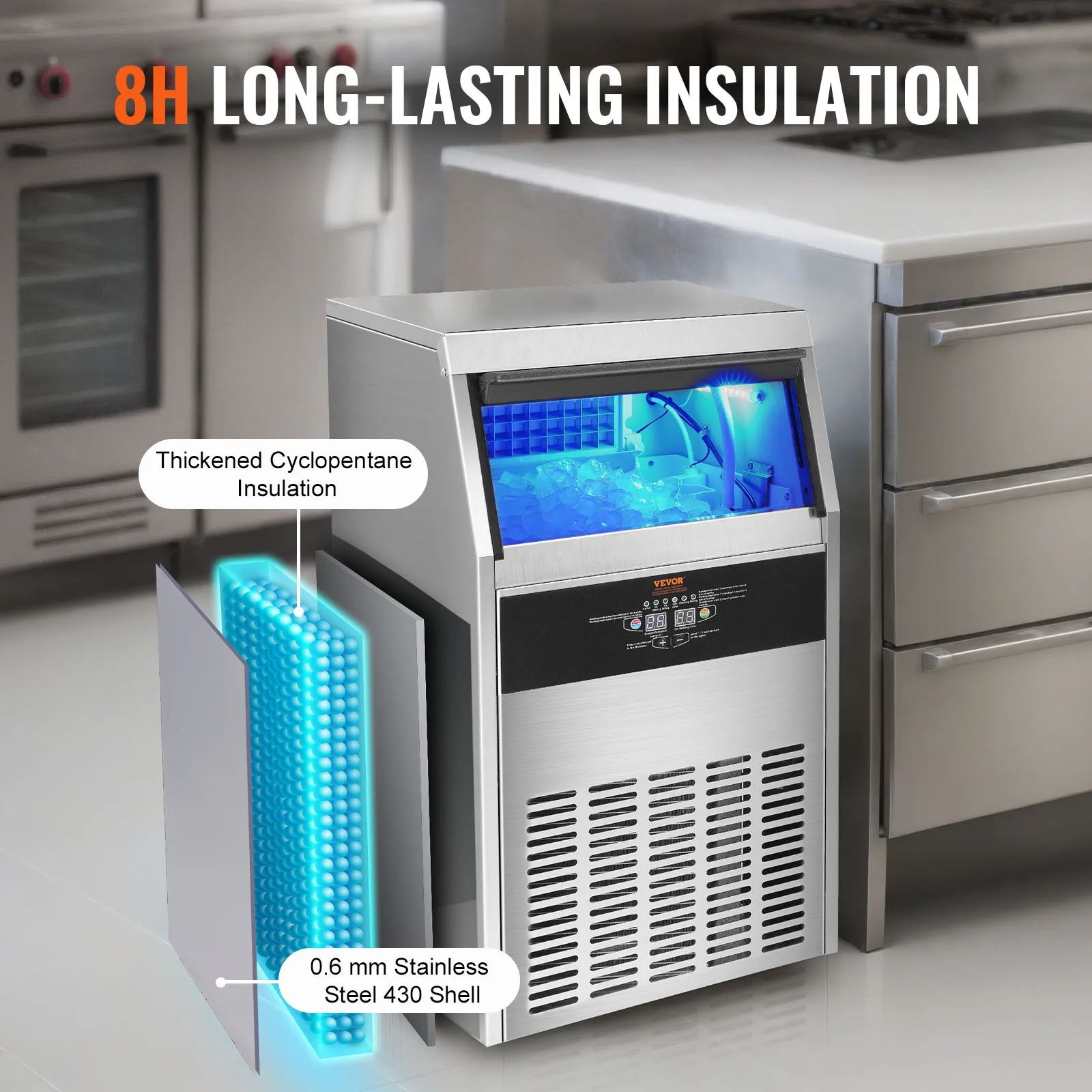 VEVOR Commercial Ice Maker 110lbs/24H 60 Ice Cubes in 12-15 Minutes 33lbs Storage Capacity LED Digital Display