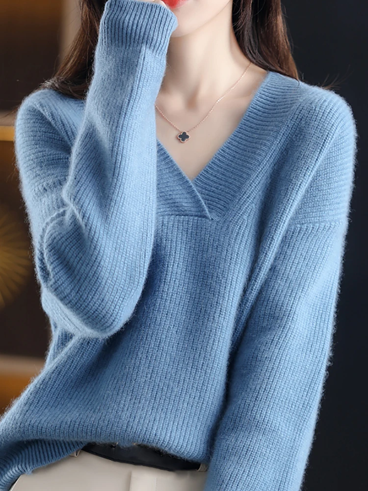 

Women Blue Fleece Sweater Thickened Cashmere Jumpers Loose Long-sleeved Knitted Solid Elegant Velvet Sweater 2023 Winter