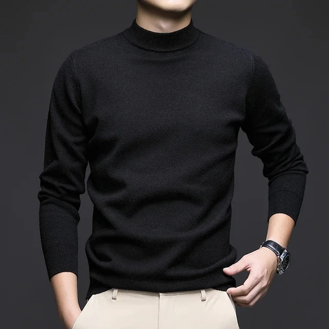 thumbnail image 1 of Otoño 2024 Nuevo suéter elástico ajustado de color sólido de cuello medio alto para hombres Camisa de fondo para jóvenes y de mediana edad, 1 of 5