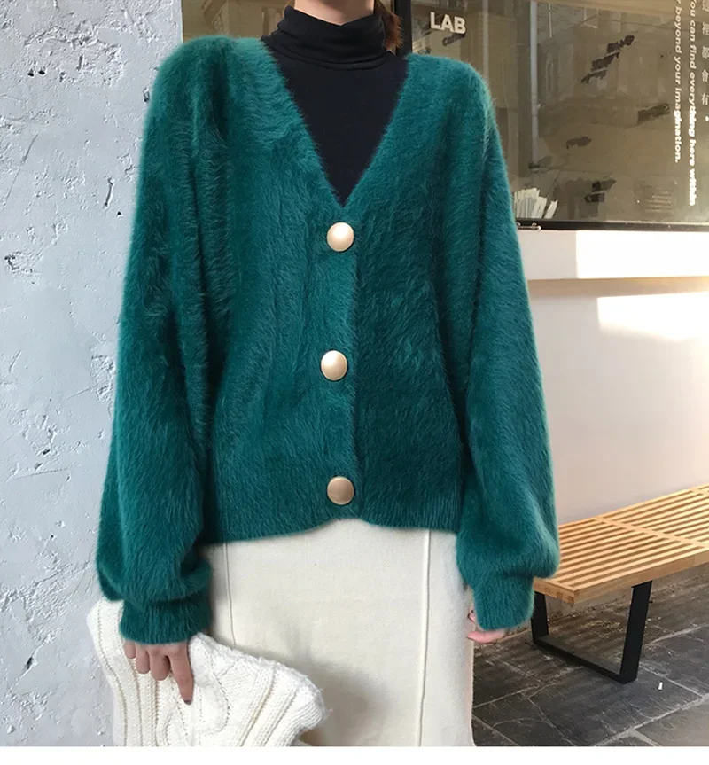 Teddy Jacket Coat Elegant Loose Women Knitted Cardigans Lantern Sleeve Mohair Jumpers 2023 Autumn winter Female Fluffy Jackets