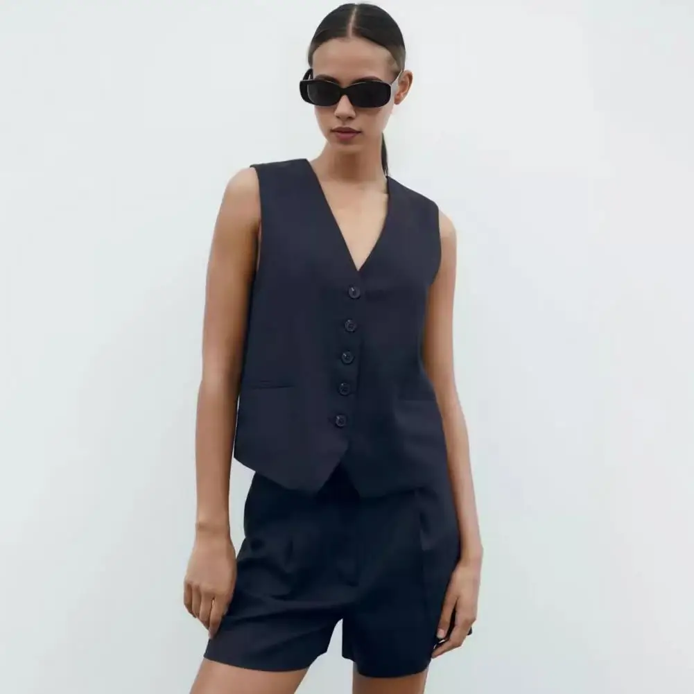 

Women Vest Top Stylish Women's V-neck Vest Waistcoat with High-waisted A-line Shorts for Office Wear Commute Style Lady Summer