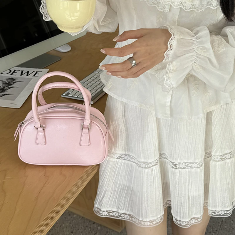 Silver Small Square Bag PU Handheld Crossbody Bag Bowling Bag Fashion Casual Women's Boston Commuter Bag