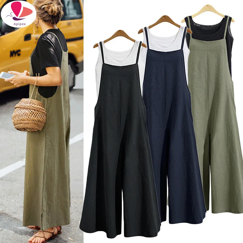 

S-5XL Summer Women Strappy Solid Comfy Wide Leg Jumpsuits Women's Casual Loose Dungarees Bib Overalls Cotton Linen Rompers