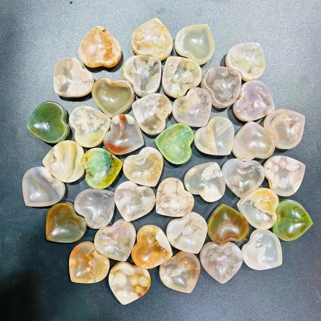 

Natural Crystal Sakura Flower Agate Heart shape Bowl Reiki Cherry Blossom Agate Engraving Gemstones Crafts Home Decor DIY Gift