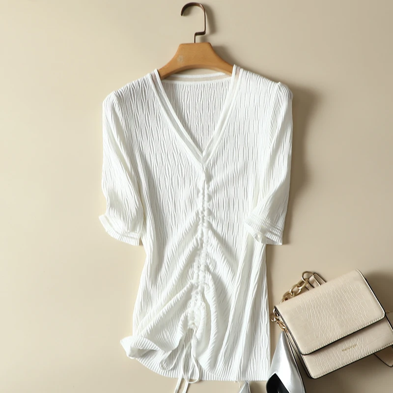 

Vintage Knitted Women T-Shirts Summer New Design 2022 V-Neck Drawstring Slim Elegant Office Lady Pulls Outwear Tops Tees