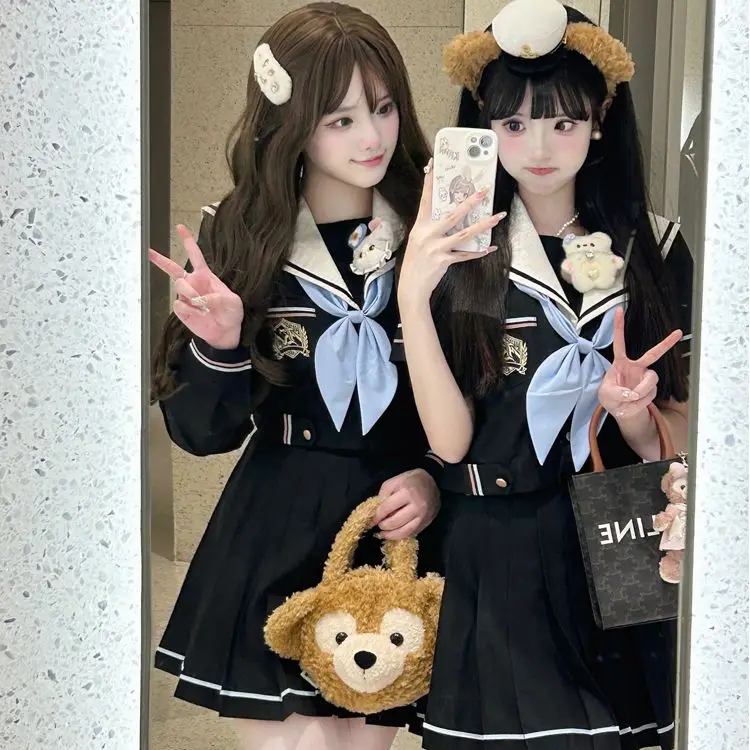 Japan JK College Sailor Suit Navy Collar Top Pleated Skirt Two-Piece Set Women Bow Embroidery Sweet Fashion Color Contrast 2024