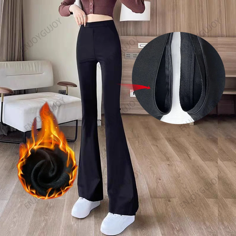 Модные шерстяные микро расклешенные брюки, женские невидимые открытые шаговые уличные сексуальные эластичные черные брюки с высокой талией и подвеской