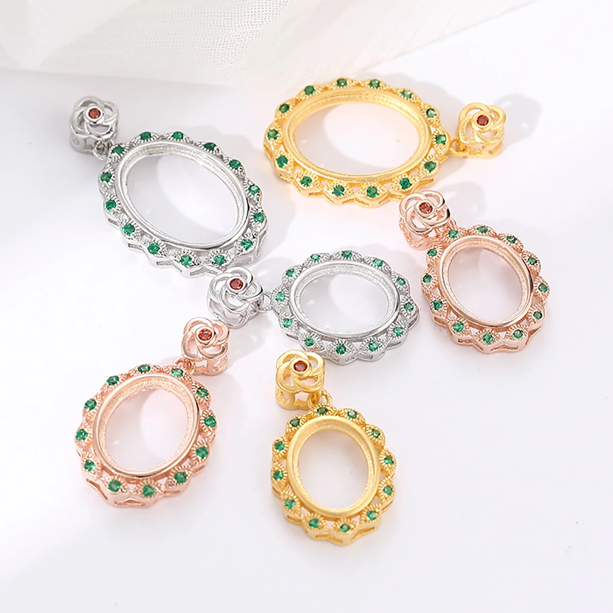 925 Sterling Silver Bezel Cup Pendant Blank with Green CZ,fit 8X10/9X11/10X14mm Cabochon Pendant Setting Jewelry Making