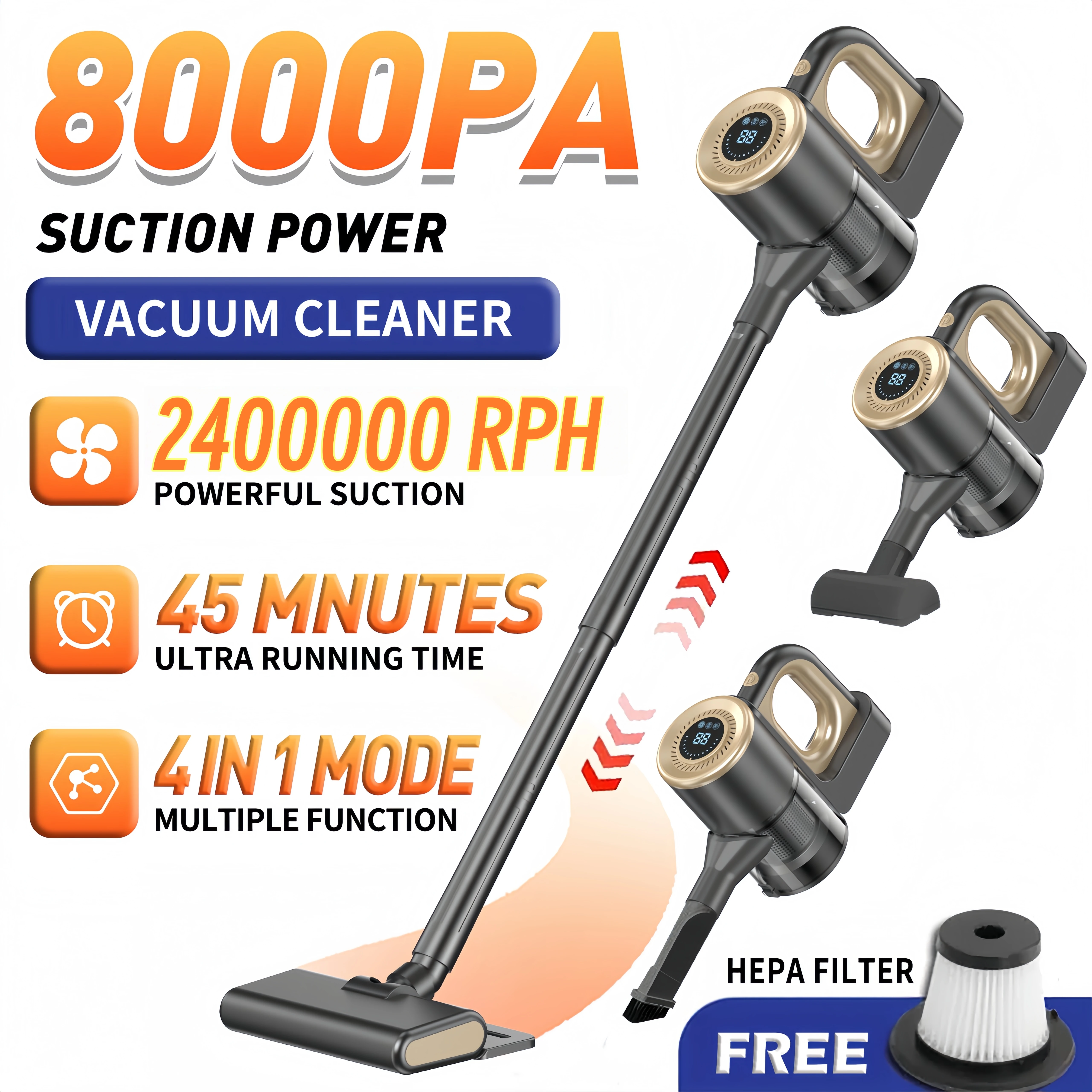 Multifunctional Handheld Vacuum Cleaner, 8Kpa Super Suction Power, 6000Mah Battery USB Charging, Brushless Motor, Adjustable Rod-Type Carpet Cleaner, Household Cleaning Tool 1