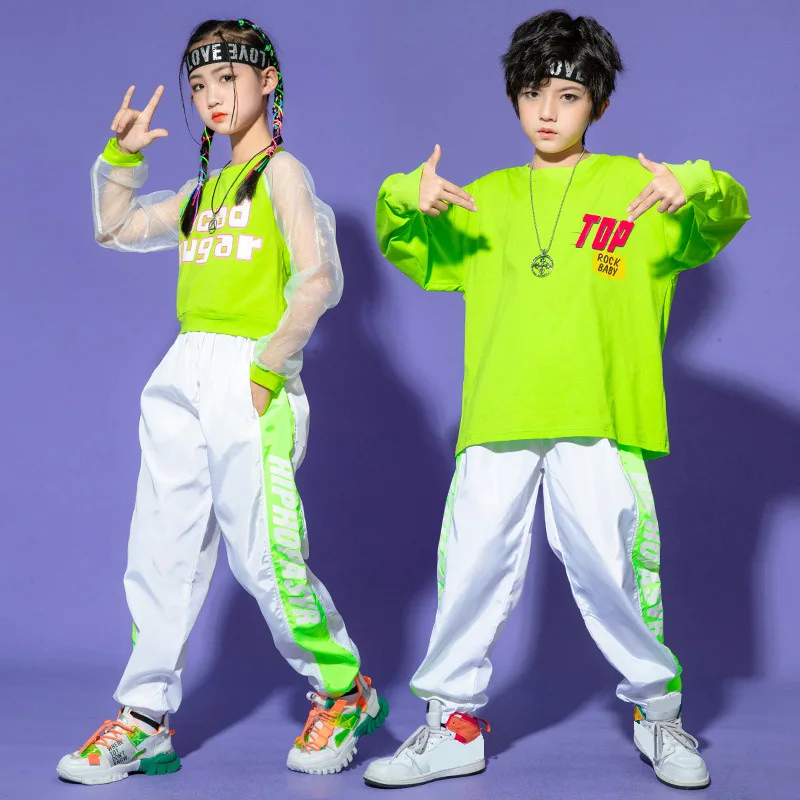 

For 8 10 12 14 16 Yrs Kids Concert Dance Costume Boys Girls Fluorescence Green yellow T shirt White pants Hip Hop Sport Outfits