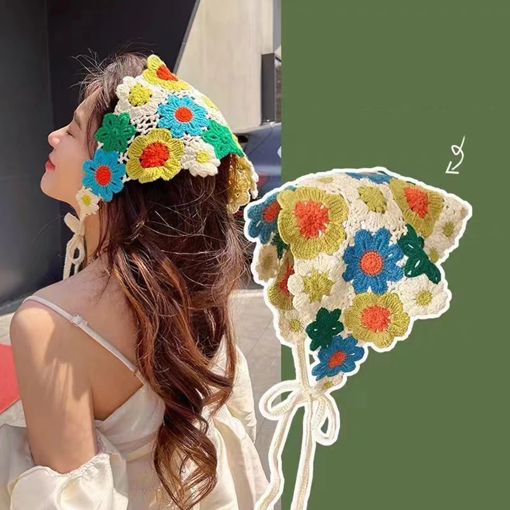 Korean Hollow Crochet Triangle Headband Sweet Flower Handmade Knitted Hair band Cute Strap Hair Bag Headscarf Hair accessories