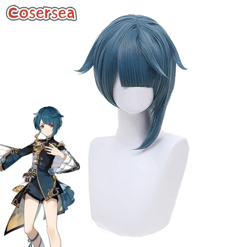 

Cosersea Game Genshin Impact Xingqiu Cosplay Wigs 30cm Short Blue Men Party Wigs With Flat Bang Synthetic Hair Heat Resistant