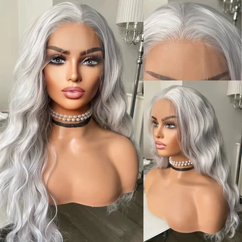 Light Silver Lace Front Wig Long Natural Wave Synthetic Hair for Women 13x4 Grey Lace Wig Natural Hairline Daily Wear Cosplay