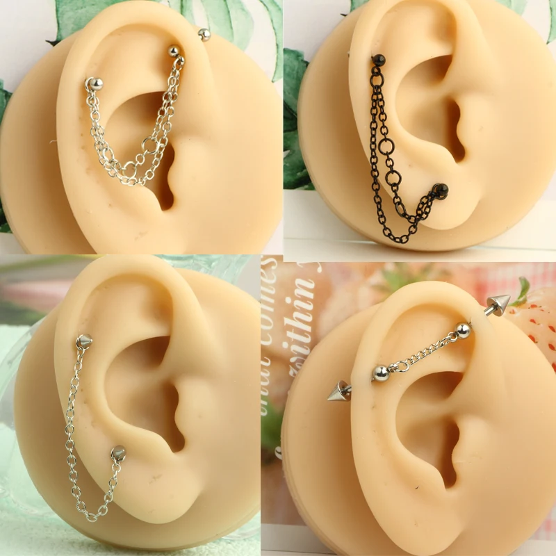 Stainless Steel Double Hole Chains Cartilage Back Stud Earring Ear Women Punk Hip Hop Helix Personality Piercing Jewelry Wholesa