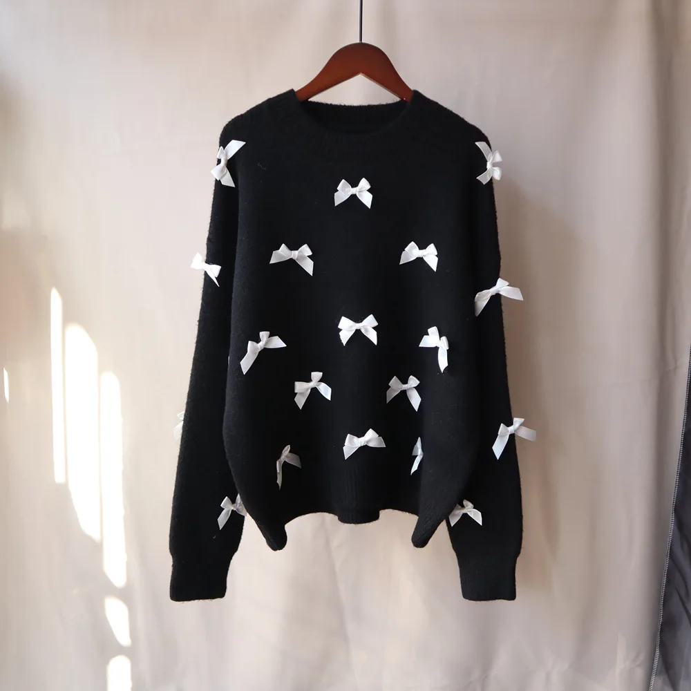 

Black Color Bow Kawaii Women Sweater Pullovers Winter Autumn Full Sleeves Strechy Jumpers Clothes Tops