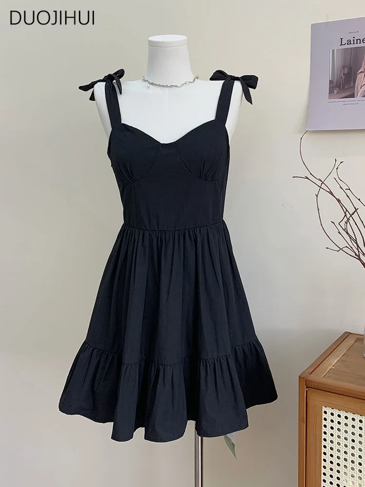 

DUOJIHUI Black Chicly Bow Lace-up Sexy Female Midi Dresses Summer Pure Color Fashion Sweet Slim Waist Camisole S-L Women Dresses