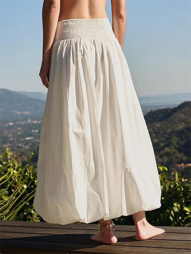 Image of CHRONSTYLE Women Long Maxi Skirts Casual Loose Fit Elastic Waist Solid Color Ruched Pleated Skirts for Summer Spring Streetwear
