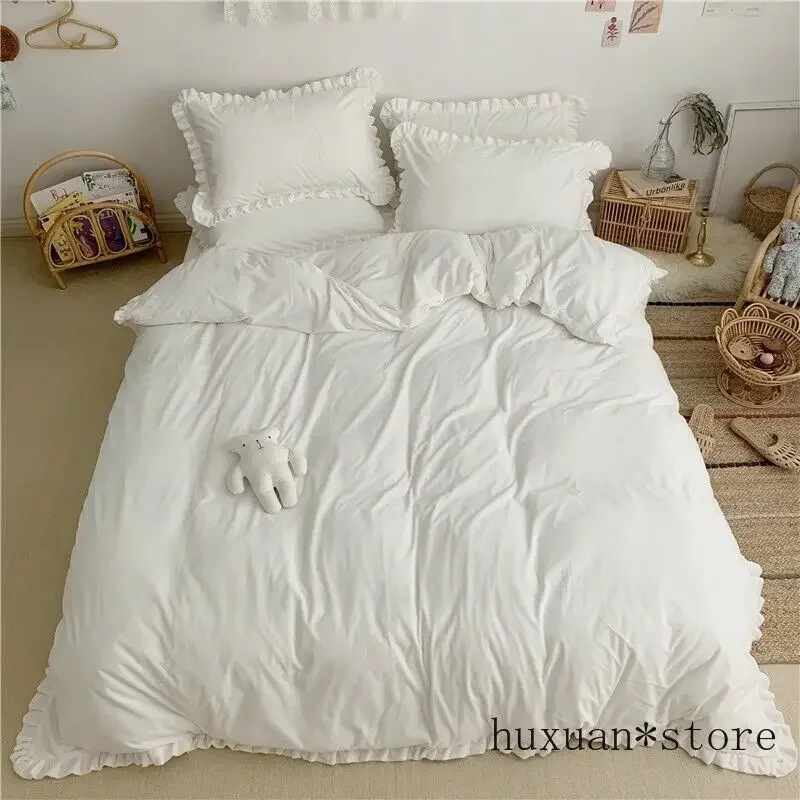 

White Grey Ruffled Duvet Cover Bed Sheet Set Fleece Cotton Soft Warm Bedding Set Conforter Set Queen