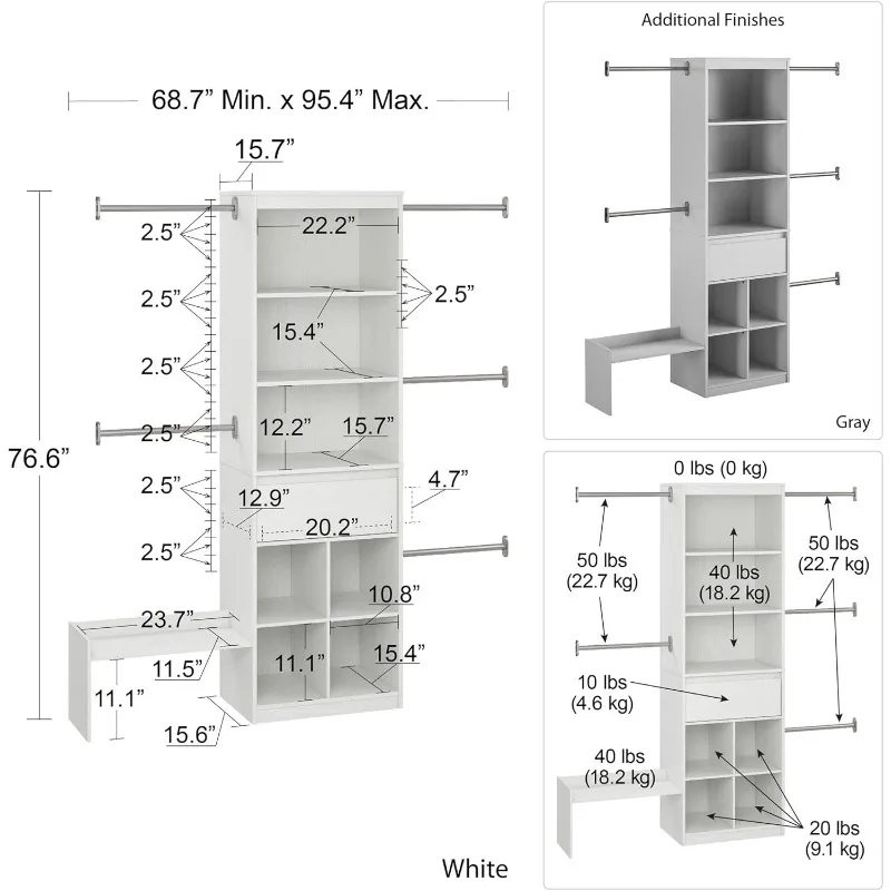 Grow with Me Adjustable Kids’ Closet Organizer System, 15.69" D x 95.44" W x 76.62" H, 4