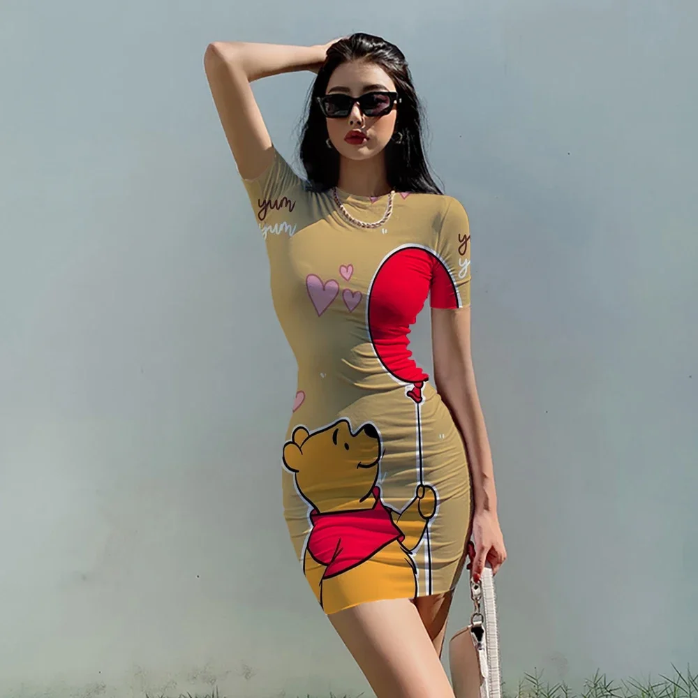 Disney Winnie the Pooh Women Summer Sexy Dress Cartoon 3d Print  Club Party Fashion Dresses Bodycon Short Sleeve Dress Slim 4
