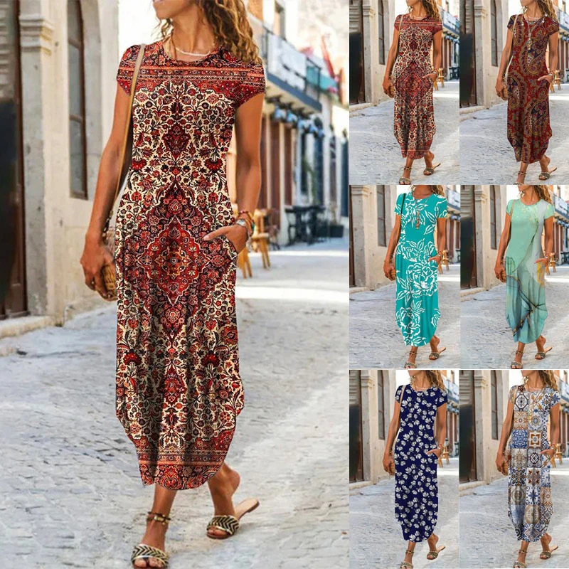 

New Round Neck Pocket Short Sleeve Trend Print Dress Maxi Dresses A-LINE Mid-Calf Dress Summer Vintage Women Clothes