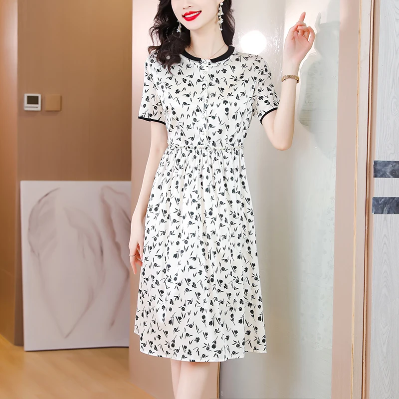 

Female Floral Mulberry Silk Midi Dres Spring Summer Elegant Loose Waist Plus Size Dress 2024 Korean Vintage Casual Party Dresses