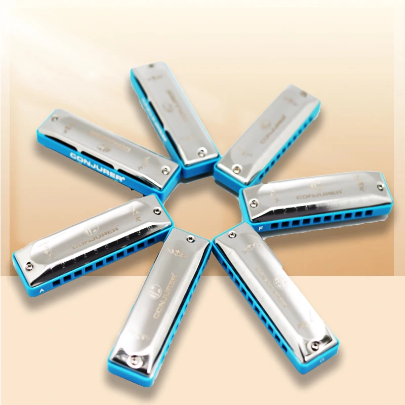 Conjurer blues harp 10 hole harmonica set with 7 keys for player beginner professional