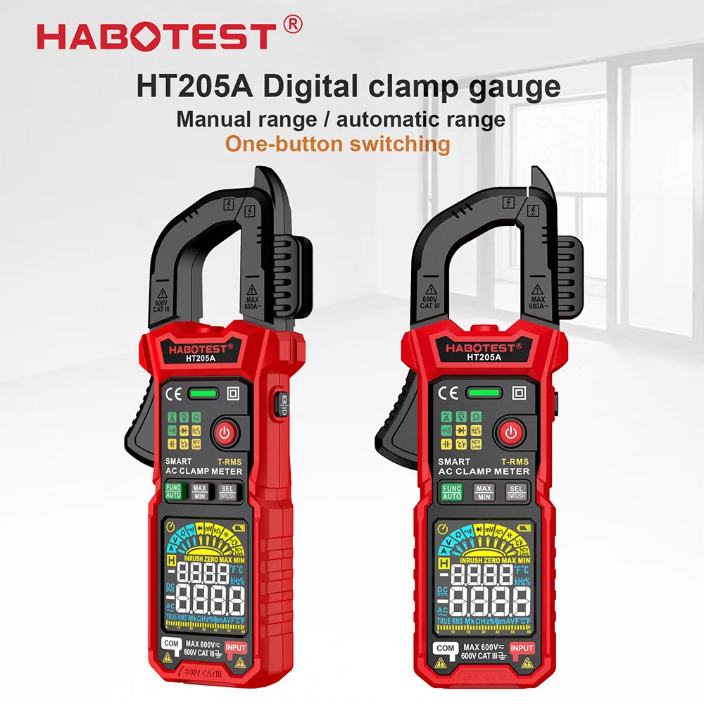 

HABOTEST Digital Clamp Meter Multimeter HT205 Auto Range True RMS NCV DC AC Voltage Current Temperature Tester Automatic Voltmer