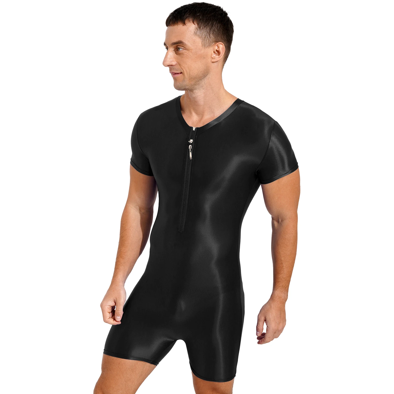 Mens Sexy Glossy Bodysuit Short Sleeve Zipper Jumpsuit Stretchy One-Piece Swimsuit Swimwear for Yoga Sports Workout Bodybuilding