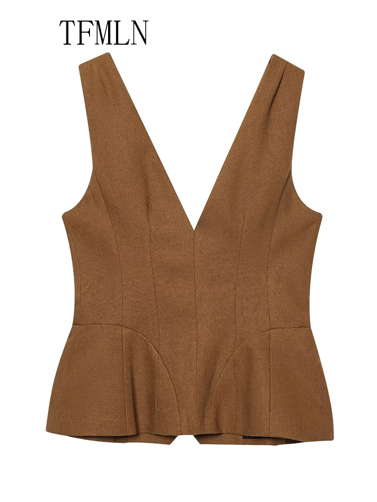 TFMLN 2025 Summer Women Solid V-neck Vest Top Fashion Chic Causal Single Breasted Folds Camisole Tops High Street Backless Shirt