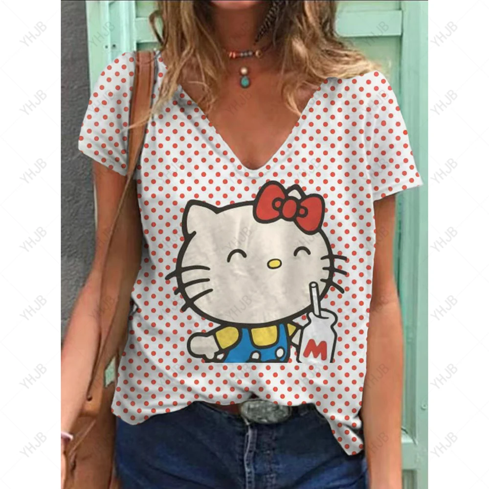 

Женский пуловер в горошек, повседневный Свободный пуловер с коротким рукавом и V-образным вырезом, в стиле ретро, 5XL, лето 2024