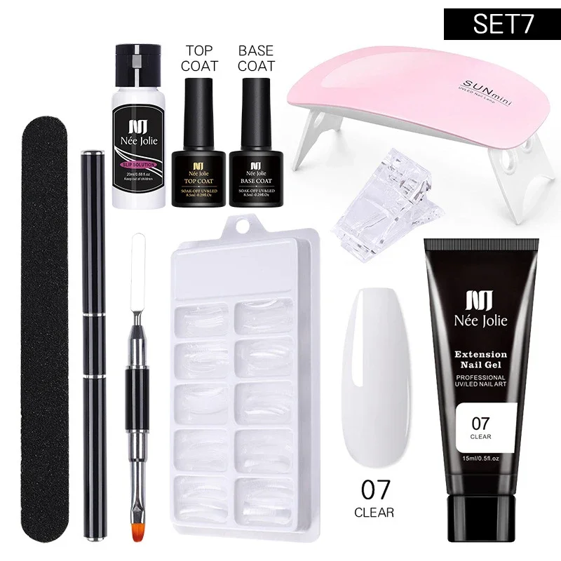 Poly Nail Gel Set to Extension 3D Acrylic Crystal Fingertips with LED/UV Lamp Tools /White/Clear/Nude Chooses All for Manicure 3