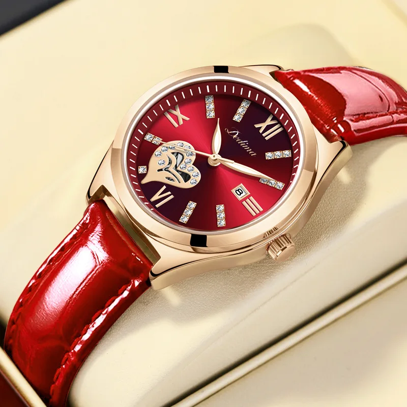 

New Arrival Ladies' Rose Gold Quartz Watch with Calendar, Water Resistant, Roman Numerals, Red Leather Strap and Diamonds