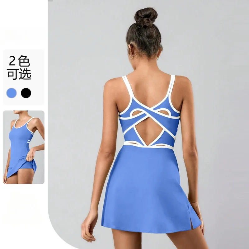 Sean Tsing Women Golf Dress Tennis Sports Patchwork Sleeveless with Bra Pad Shorts Underneath Training Workout Gym Yoga Vestido