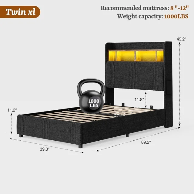 Twin XL Bed Frame with Storage & LED Headboard 2