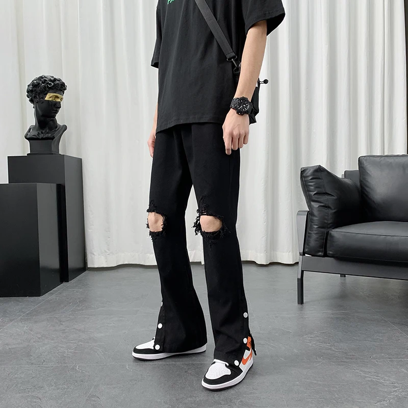 

[Real shot] high street jeans men's self-cultivation feet pants trousers black trendy breasted trousers retro men's trousers