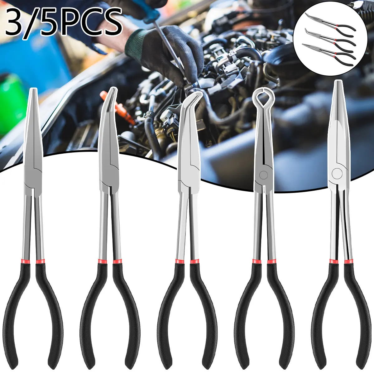 3/5Pcs Needle Nose Pliers Set Straight Bent Tip Mechanic Equipment  25°/45°/90