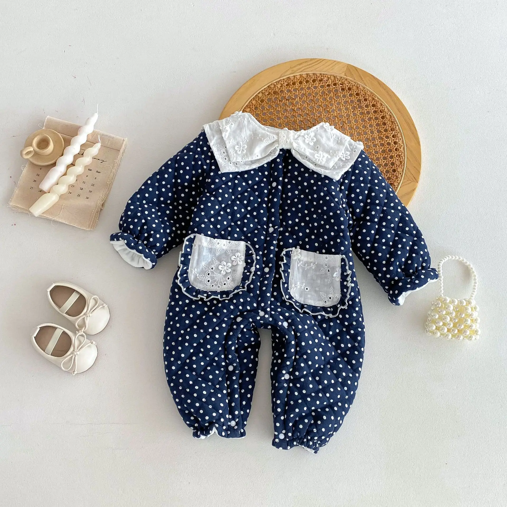 Winter Neugeborene Baby Mädchen Baumwolle Prinzessin Polka Dots Dicker Revers Krabbelanzug Kinder Einteiler Modische Babykleidung – Detail 7