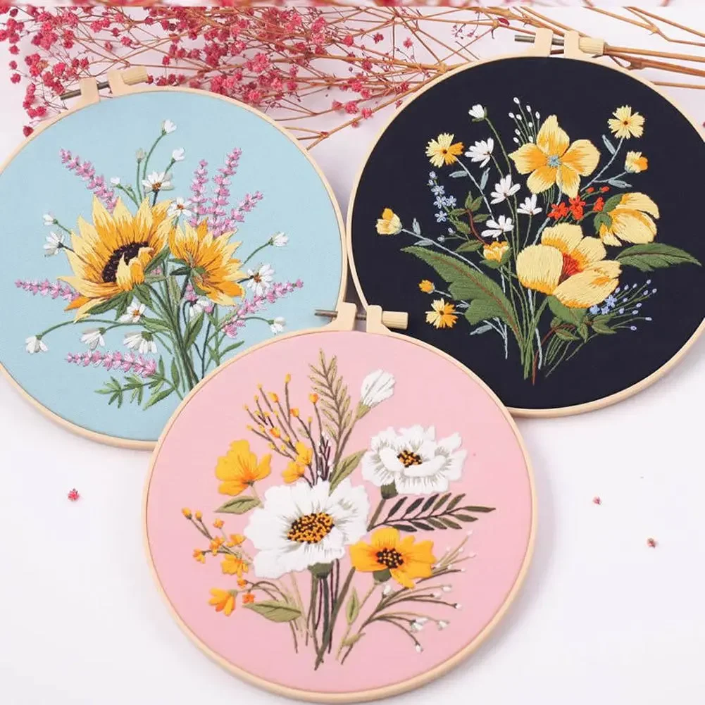 Flower Pattern Embroidery Kit With Embroidered Hoop Cross Stitch DIY Handmade Crafts Needlework Sewing Supplies Home Decoration