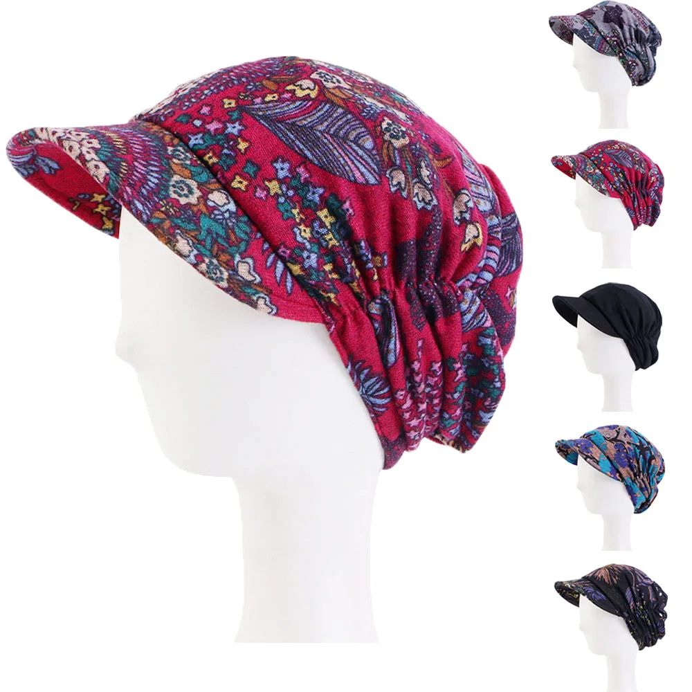 Print Beanies Visor Women Turban Cap Muslim Brim Hats Stretch Turban Chemo Loss Head Wrap Beanie Casual Head Wrap Scarf cotton newsboy cap