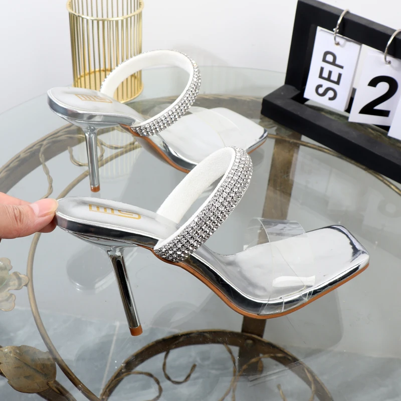Rhinestone slippers 2022 foreign trade plus size women's shoes square transparent belt with stiletto heels outdoor sandals 10CM