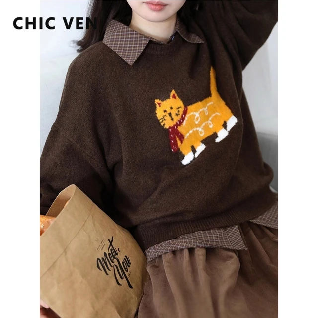 CHIC VEN nouvelles femmes chandails ample décontracté O cou dessin animé chat femme tricoté pulls pulls pour fille automne hiver 2025 1