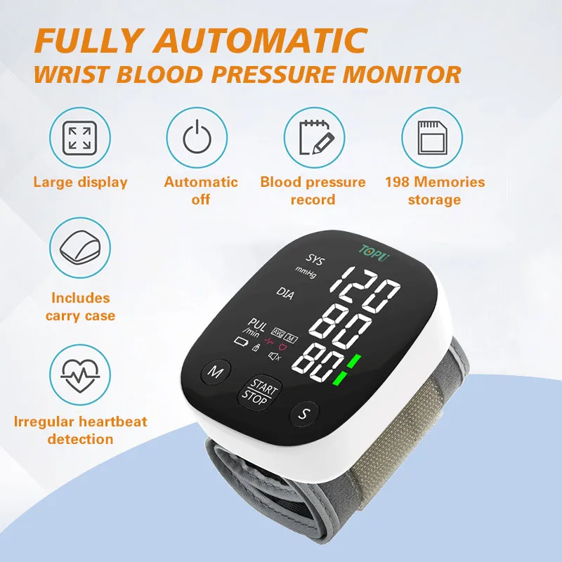 TOPU MEDICAL LED Screen Wrist Sphygmomanometer Wrist Digital Tensiometer Digital Blood Pressure Monitor With Voice Function