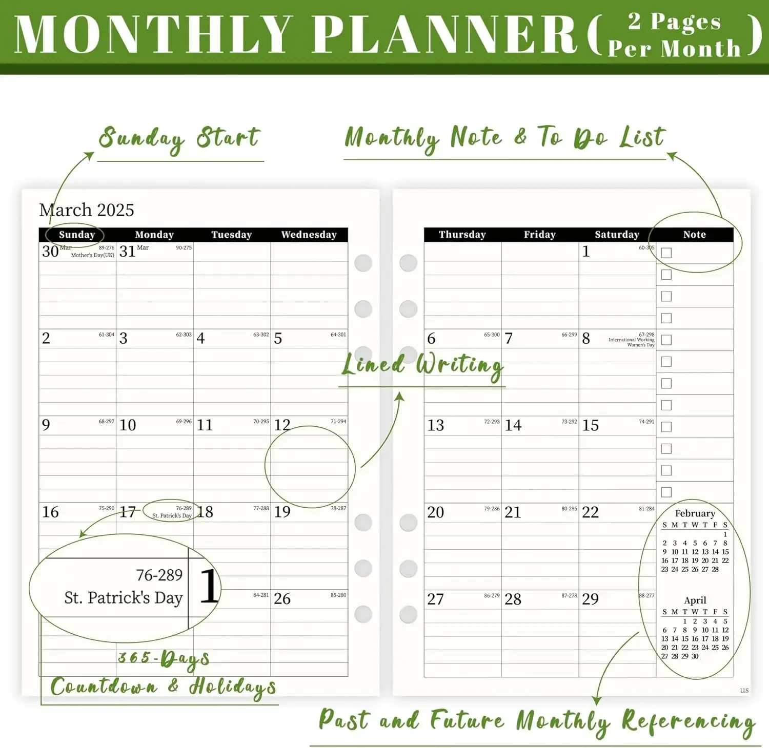 2025 A5 Weekly & Monthly Planner Binder Refill Insert - 5.8"x8.3", 100GSM Paper, 6 Hole Punched for Refillable A5 Binder 2