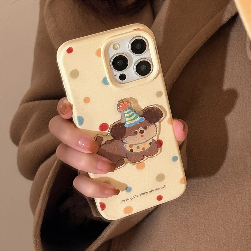 Cartoon Cute Puppy Polka Dot Pattern Case For iPhone 16 Pro Max 15 13 14 12 16 Plus Soft Silicone TPU Phone Back Cover
