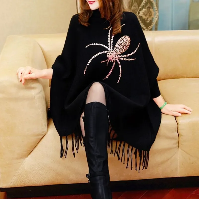

Poncho Women Sweater Cape Pullover Winter Black Turtleneck Tassel Knitted Tops Jersey Mujer Ladies Diamonds Shawl Pull Cloak N26